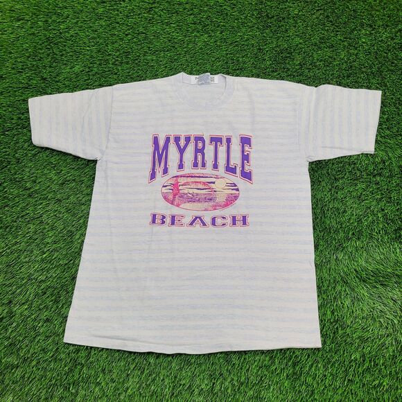 Vintage 90s Myrtle Beach Stripes Shirt Women L/XL 21x27 Blue - Picture 1 of 14